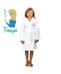 Blue Princess Cartoon Design & Custom Name Embroidery on Kids Hooded Bathrobe